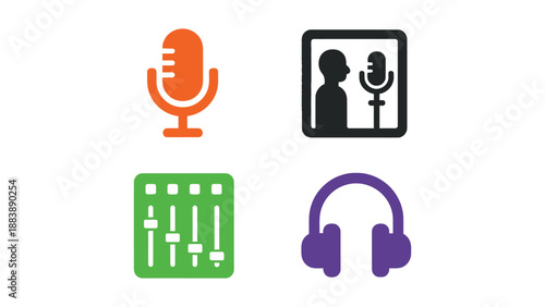 A colorful collection of podcasting and audio equipment icons on a white background