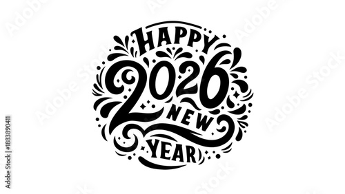 A happy new year 2026 logo with decorative floral design elements