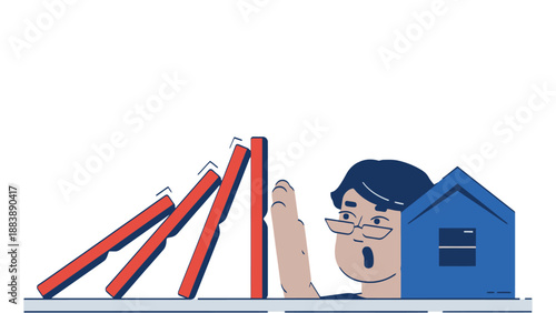 A cartoon man looking worried at falling red bars next to a blue house