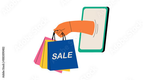 A hand holding shopping bags with a sale sign and a mobile phone