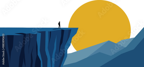 Cliffside silhouette, sunrise contemplation, mountain view, dramatic nature scene, yellow sun, rugged terrain, solitude moment, outdoor adventure, peaceful landscape, reflection