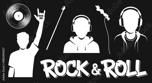 Rock and Roll Music Silhouettes with Vinyl Record and Headphones.