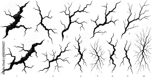 Crack pattern illustration, fracture texture, black silhouette design, structural damage icons, broken surface graphics, radial and jagged cracks, engineering concept