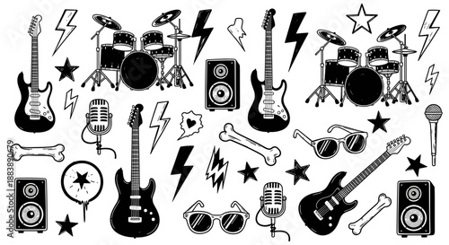 Collection of black and white guitar and music related icons.