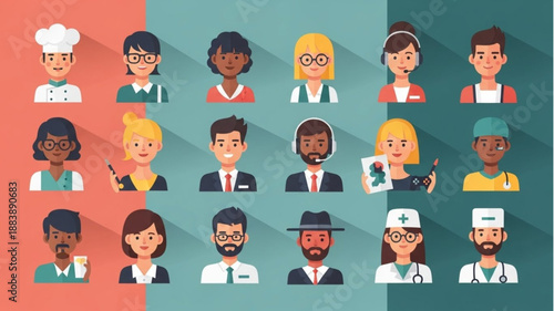 Diverse Group of Professional People Avatars Flat Design.