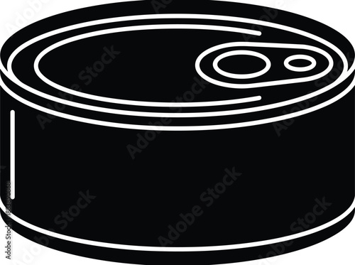 Minimalist tin can illustration, black and white canned food icon, pull-tab lid design, storage concept, packaging graphic, vector style, isolated