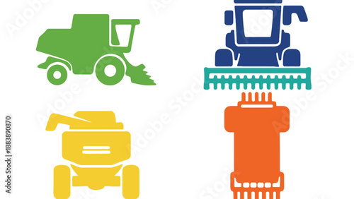 A colorful illustration of various farming equipment on a white background