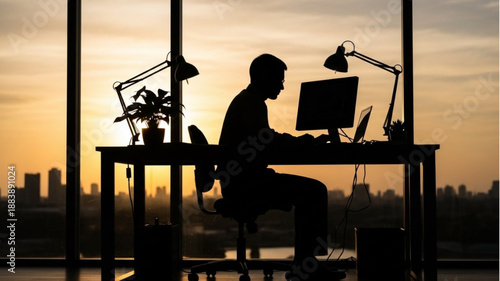Silhouette of a man working late at his desk in an office.