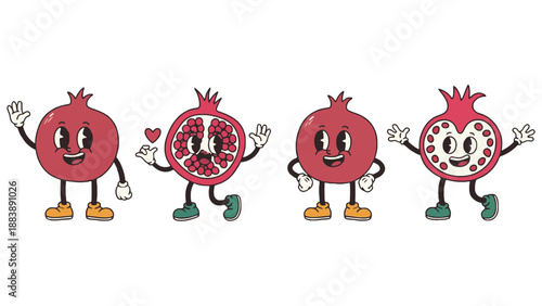 Four cartoon pomegranates with smiling faces and playful poses on white background