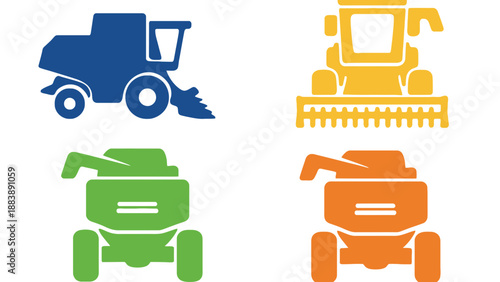 A colorful illustration of different farming equipment on a white background