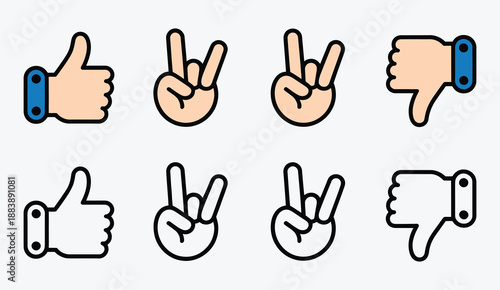 Hand gesture collection vector illustration, including thumbs up, dislike, love, and peace sign flat outline icons, representing social interaction