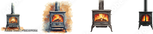 Watercolor set cast iron fireplace stove with a bright burning fire. Isolated on white background
