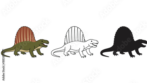 An illustration of a spinosaurus dinosaur in various colors and styles