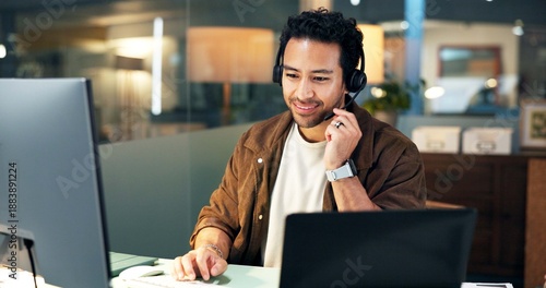Headset, talking or man with computer for virtual meeting, international client or trading proposal. Stocks sales, tech or trader with financial assets research for pitch, liquidation plan or office