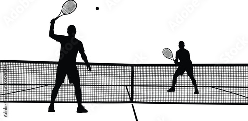Tennis players silhouette set, professional athletes playing on court with rackets and net, competitive sports match vector for tournament posters,