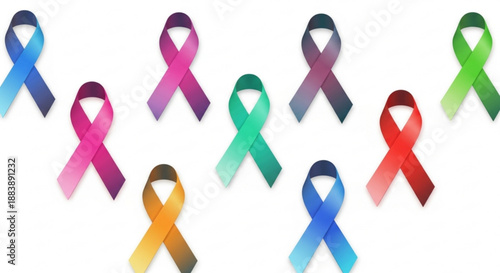 Multicolored awareness ribbons on white background for support and advocacy campaigns