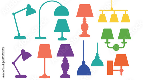 A collection of colorful lamps and lighting fixtures on a white background