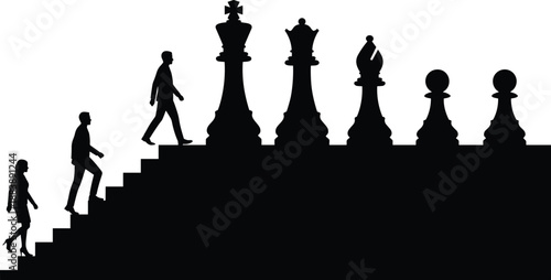 Silhouette staircase ascent, strategic chess journey, leadership symbolism, personal growth concept, black and white illustration, achievement path, success metaphor, teamwork