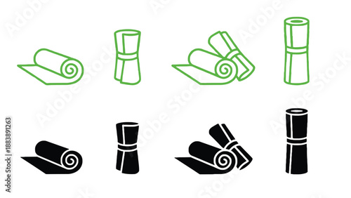 A collection of colorful and black yoga mats on a white background