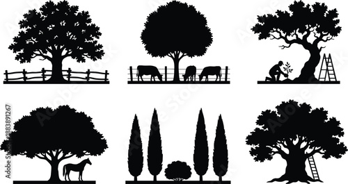 Tree and nature silhouettes, rural landscape scenes, gardening and animals, black illustration, outdoor lifestyle, countryside elements, peaceful environment, farming concept
