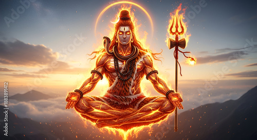 Maha Shivaratri Lord Shiva meditating with trident fiery divine energy spiritual power Hindu festival illustration background