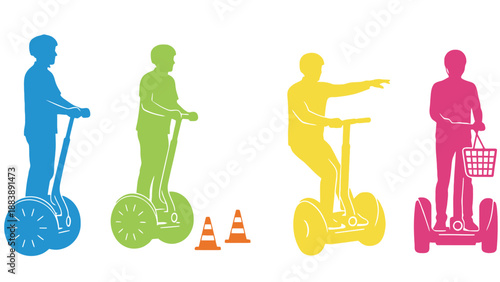 A colorful illustration of people riding segways in different poses and colors