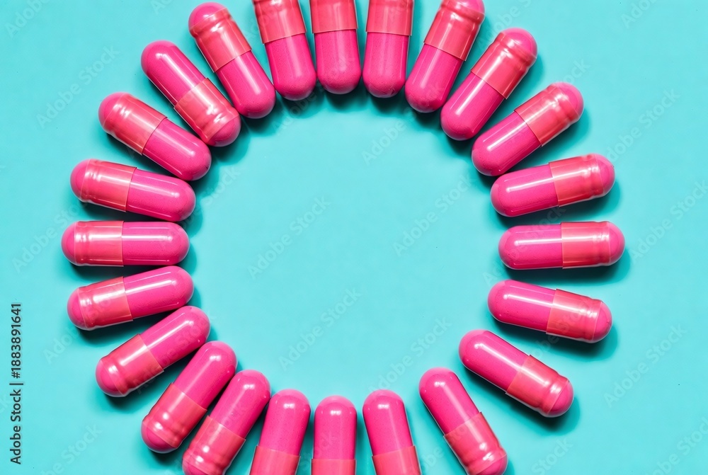 Obraz premium Colorful Pills and Capsules: Modern Pharmaceutical Design on Cyan Background for Wellness and Healthcare Promotion