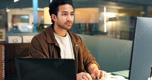 Принти на полотні Computer, businessman or typing in office, reading policy or verify application for insurance agency