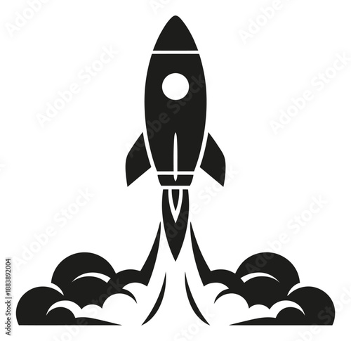 Solid icon illustration of a rocket depicting liftoff for a startup concept