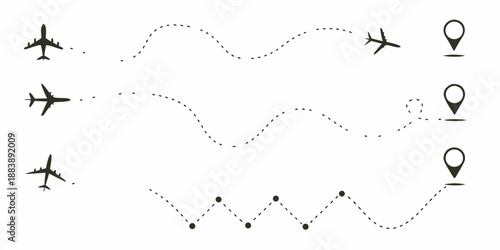Simple illustration of airplane flight paths with destination markers