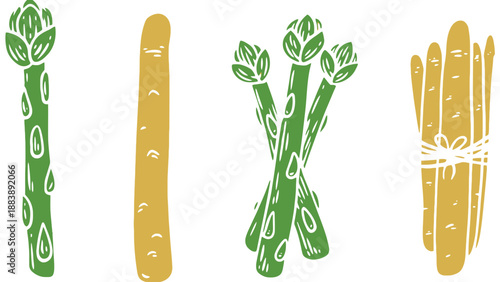 A colorful illustration of asparagus and bread on a white background
