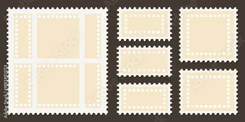 Arrangement of vintage postage stamps with scalloped edges on dark background