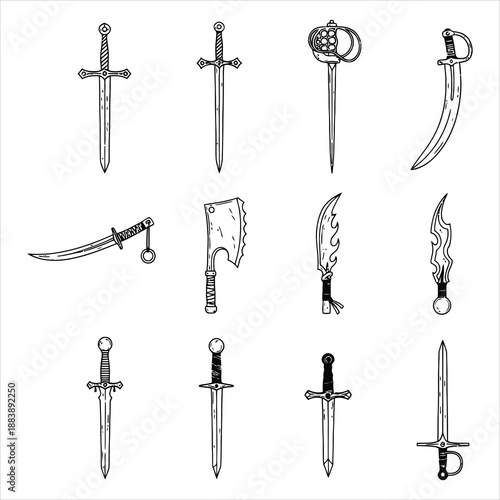 Collection of Various Medieval Swords and Daggers Vector Illustration