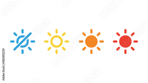 A set of colorful sun icons on a white background