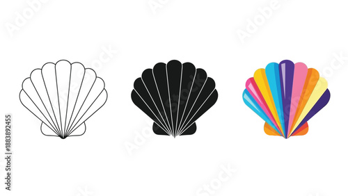 Set of three scallop shell icons in outline, solid black, and colorful style