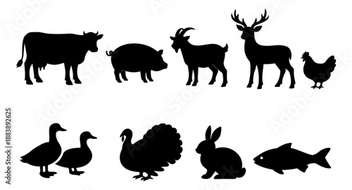 Simple silhouette animal set featuring farm, wild, and aquatic creatures for agriculture and nature-related designs