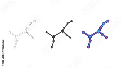 Set of three abstract molecular structure icons or diagrams showing connectivity, in outline, solid black, and colorful gradient styles