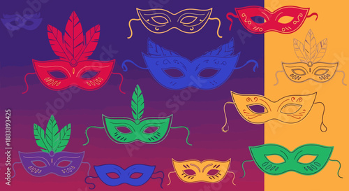 Collection Of Decorative Masquerade Masks In Various Colors And Styles Spread Across A Two Tone Gradient Background Celebrating Festive Occasions