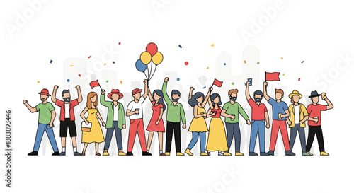 Diverse Group Celebrates Together Holding Balloons Flags And Confetti On Bright White Background With Copy Space