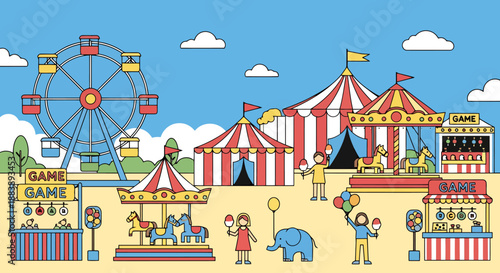 Vibrant Outdoor Amusement Park Scene with Ferris Wheel Carousel and Game Booths Under a Bright Blue Sky and Fluffy Clouds