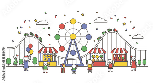 Colorful Amusement Park Scene With Ferris Wheel Roller Coaster Game Booths And Festive Characters Enjoying Outdoor Leisure Activity