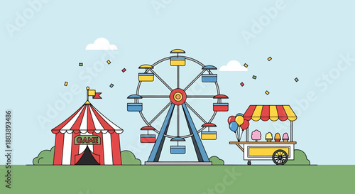 Amusement park scene with Ferris wheel striped tent and ice cream cart under a light blue sky with clouds and confetti