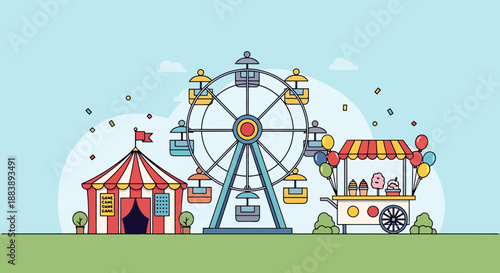 Amusement Park Fun Scene With Ferris Wheel Tent And Food Stand On Sunny Day With Confetti Falling