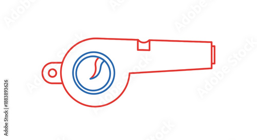 Modern sports referee whistle line art with red outline and blue inner details isolated on white background for design concepts