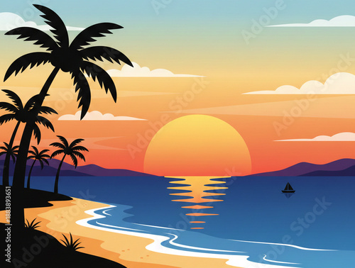 Flat design forest landscape with deer, river, and birds. Abstract nature background with trees, wild animals, and wind elements in geometric scenic illustration