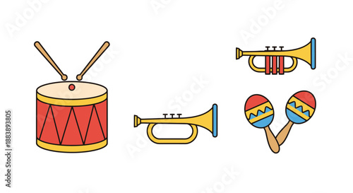 Collection of musical instruments including a drum with sticks two trumpets and maracas all on a white background conveying rhythm and melody for