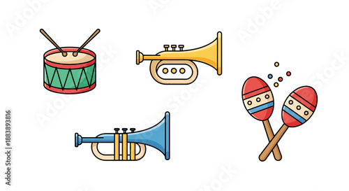 Collection of Musical Instruments Featuring Drums Trumpets and Maracas for Festive Celebrations and Performances