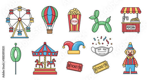 Whimsical Carnival and Amusement Park Icons Featuring Ferris Wheel Carousel Hot Air Balloon and Festival Treats for Festive Entertainment Concepts