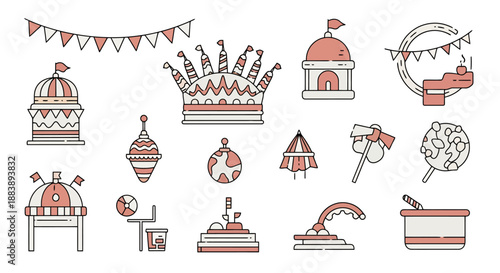 Carnival Fairground Rides And Games Icons Set Entertainment Amusement Park Activities Celebration Fun Fair
