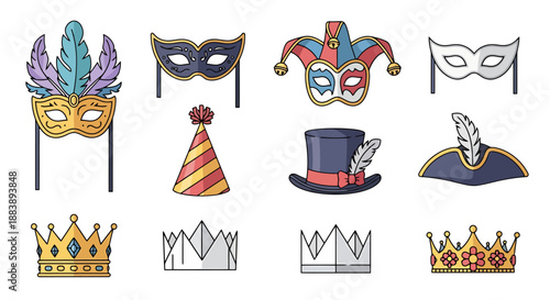 Collection Of Festive Masks Hats And Crowns For Celebrations And Parties Featuring Masquerade And Royalty Elements